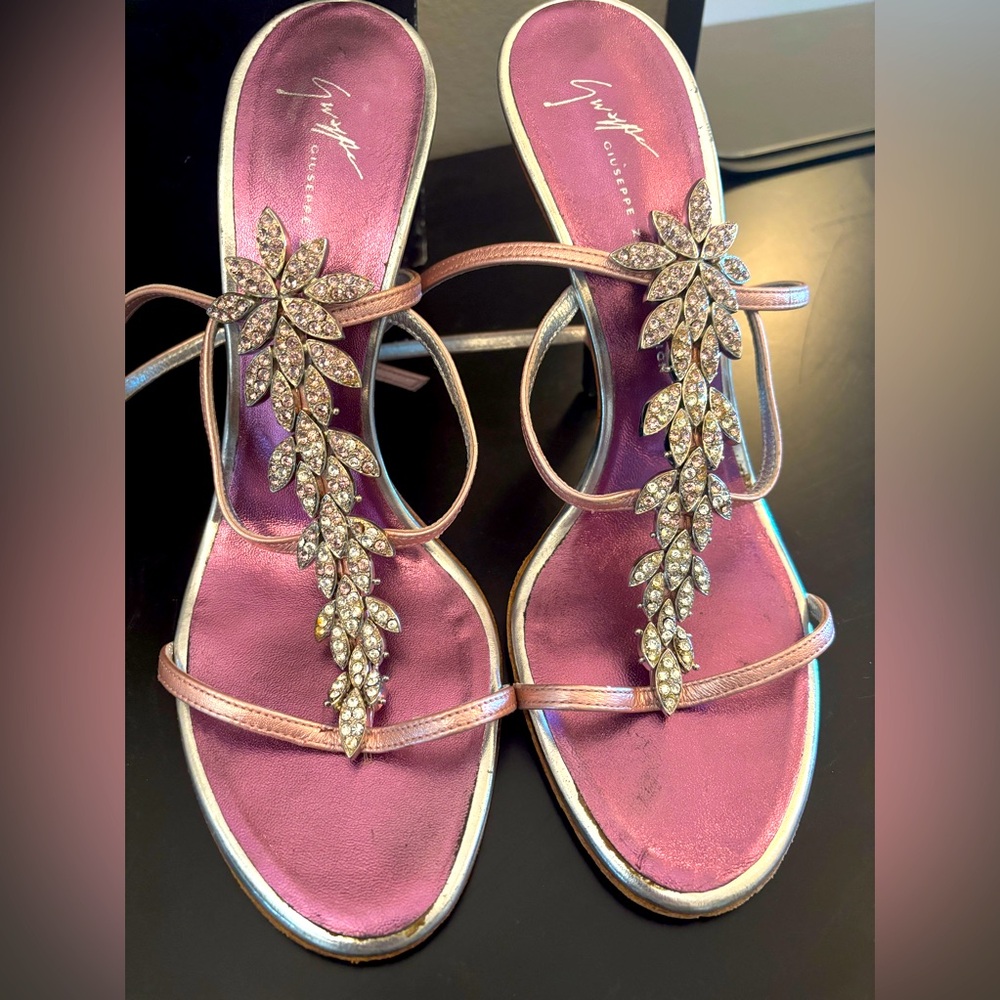 Giuseppe Zanotti Metallic Rose Leather and Floral Crystal Detail Heels